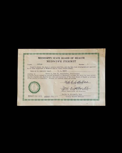 Mississippi State Board of Health midwife permit for T. J. Handy