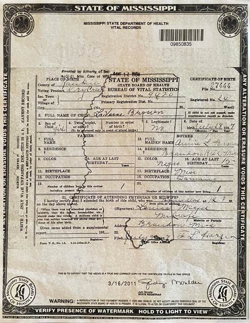 Mississippi birth certificate for Laverne Brown