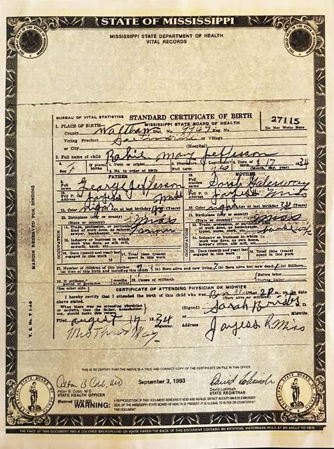 Standard certificate of birth for Bobbie May Jefferson