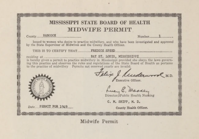 Mississippi State Board of Health midwife permit issued to Freddie Speed in 1949