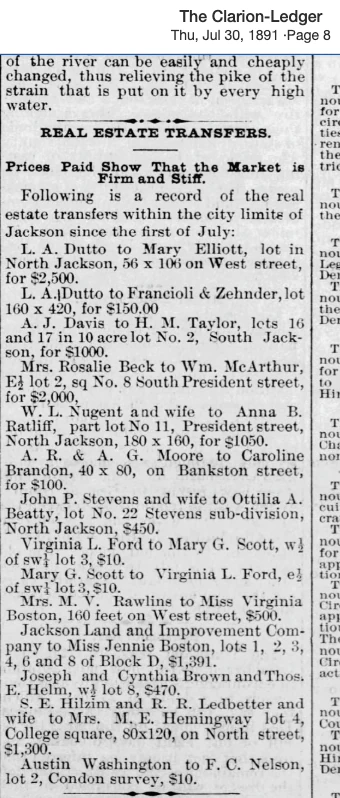 Narrow 1891 newspaper column listing real-estate transfers between Mary Scott and Virginia Ford