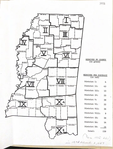 Black-and-white map of Mississippi counties and midwife districts