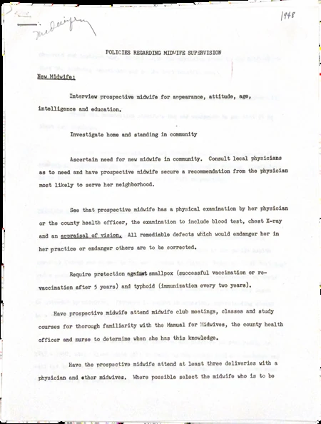 Typed 1948 policy document concerning Mississippi midwife supervision