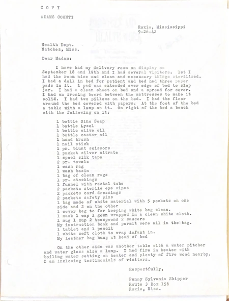 Typed 1942 letter by Penny Sylvania Skipper describing a model delivery room