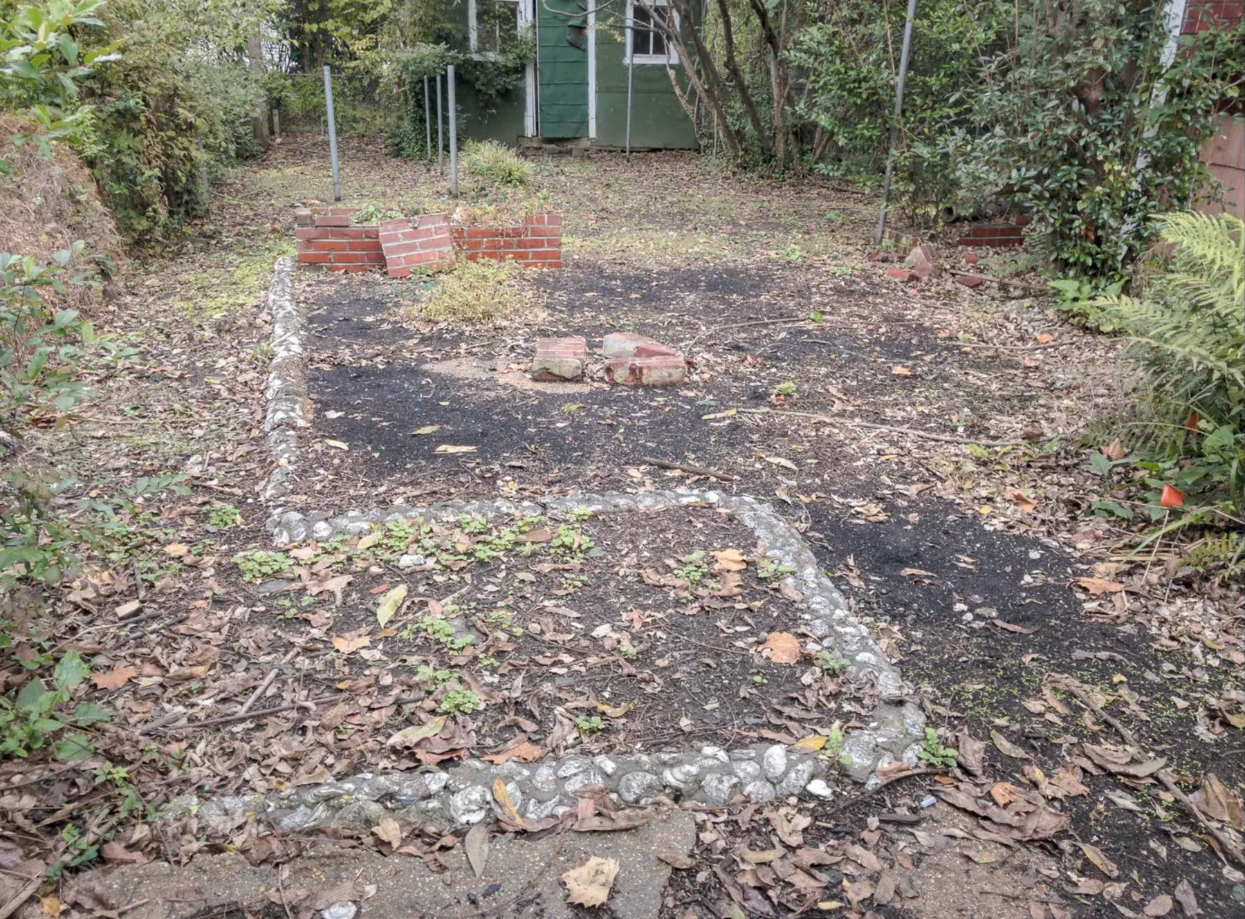 Back garden behind the Scott Ford Houses with low oyster-shell concrete planting-bed edges, dark soil, fallen leaves, and a small green outbuilding